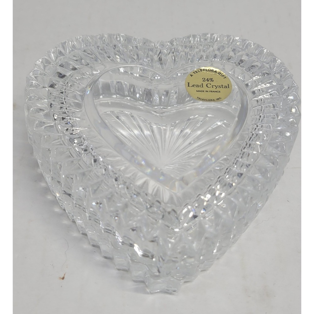 Teleflora 24% Lead Crystal Heart Trinket Dish France Clear Cut Glass 4.5"